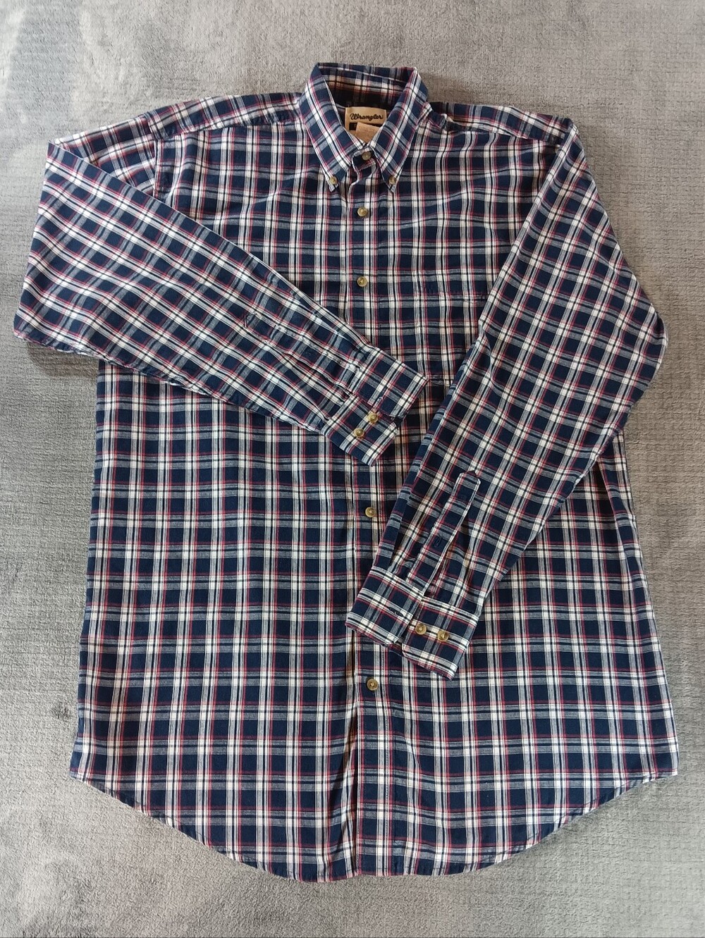 Wrangler Riata Mens LT Navy Red White Plaid Button Down Long Sleeve Shirt Large